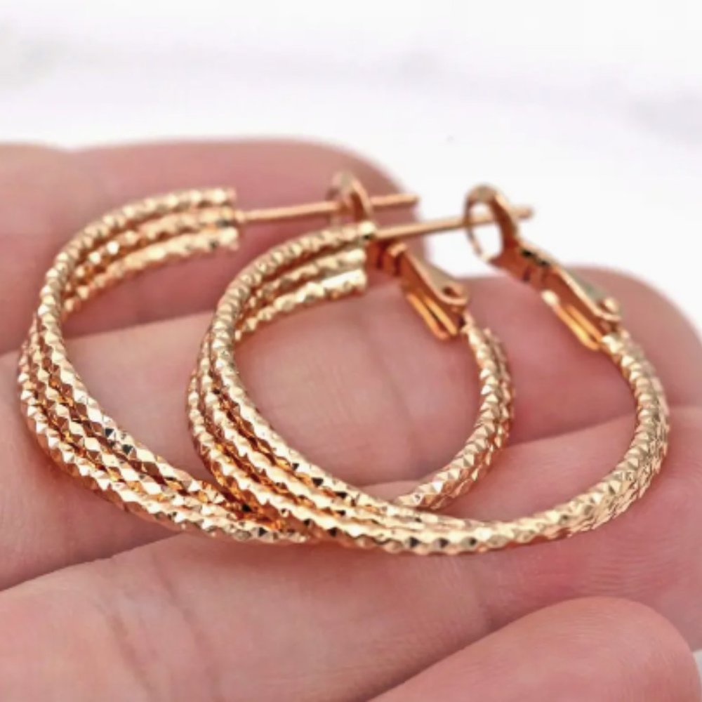 14k Gold Plated Copper 3-Layer Hoop Earrings - Picture 4 of 5